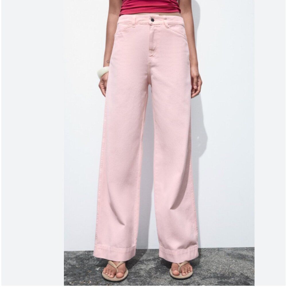 Zara Womens Jeans EU 38 US 6 Wide Leg Pink High Waist Regular Fit 3078/630 NWT
